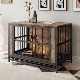 Dog Crate Furniture Wooden Table 38.9" Kennel 2 Sliding Doors Thick Iron Door Frame Decorative Pet Crate House for L/M/S Dog Indoor Use(Rustic Brown)
