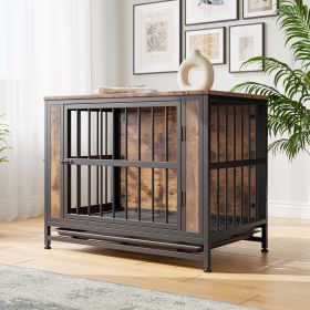 Dog Crate Furniture Wooden Dog Crate Table 32.8" Dog Kennel with 2 Sliding Doors Thick Iron Door Frame Pet Crate House for S/M Indoor (Rustic Brown)