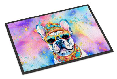 French Bulldog Hippie Dawg Doormat Front Door Mat Indoor Outdoor Rugs for Entryway, Non Slip Washable Low Pile, 18H X 27W -I
