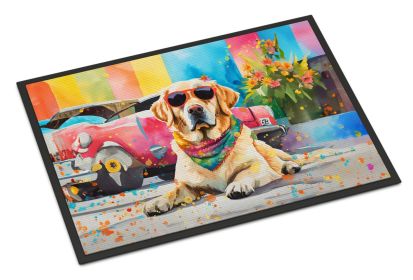 Yellow Labrador Hippie Dawg Doormat Front Door Mat Indoor Outdoor Rugs for Entryway, Non Slip Washable Low Pile, 18H X 27W -E
