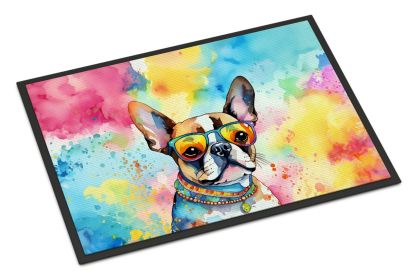 Boston Terrier Hippie Dawg Doormat Front Door Mat Indoor Outdoor Rugs for Entryway, Non Slip Washable Low Pile, 18H X 27W -D