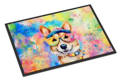 Corgi Hippie Dawg Doormat Front Door Mat Indoor Outdoor Rugs for Entryway, Non Slip Washable Low Pile, 18H X 27W -A
