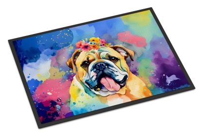 English Bulldog Hippie Dawg Doormat Front Door Mat Indoor Outdoor Rugs for Entryway, Non Slip Washable Low Pile, 18H X 27W -H