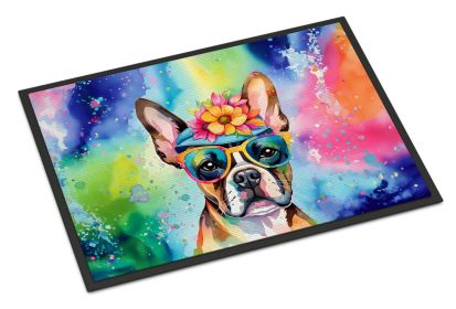 Boston Terrier Hippie Dawg Doormat Front Door Mat Indoor Outdoor Rugs for Entryway, Non Slip Washable Low Pile, 18H X 27W -C