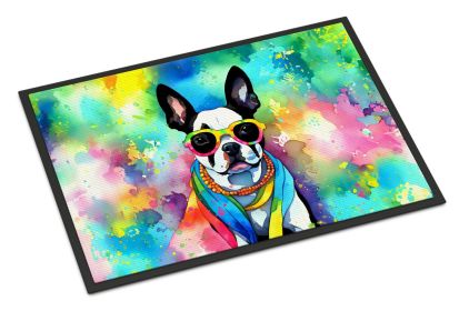 Boston Terrier Hippie Dawg Doormat Front Door Mat Indoor Outdoor Rugs for Entryway, Non Slip Washable Low Pile, 18H X 27W -B