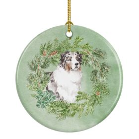 Australian Shepherd Blue Merle Longhaired Christmas Wreath Ceramic Ornament Christmas Tree Hanging Decorations for Home Christmas HolidayParty