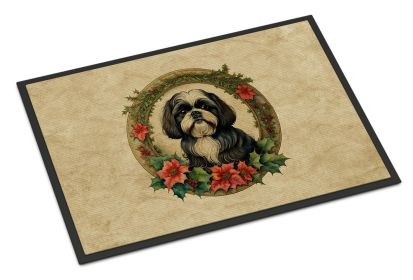Shih Tzu Christmas Flowers Doormat Front Door Mat Indoor Outdoor Rugs for Entryway, Non Slip Washable Low Pile, 18H X 27W -L