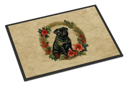 Pug Christmas Flowers Doormat Front Door Mat Indoor Outdoor Rugs for Entryway, Non Slip Washable Low Pile, 24H X 36W -A