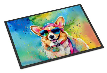 Corgi Hippie Dawg Doormat Front Door Mat Indoor Outdoor Rugs for Entryway, Non Slip Washable Low Pile, 24H X 36W -F