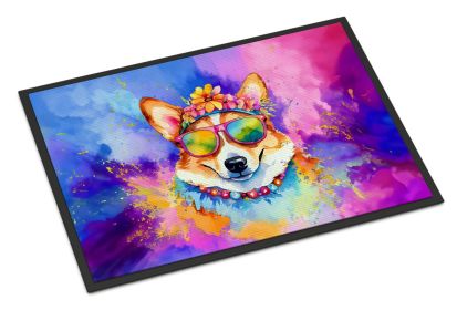 Corgi Hippie Dawg Doormat Front Door Mat Indoor Outdoor Rugs for Entryway, Non Slip Washable Low Pile, 24H X 36W -G