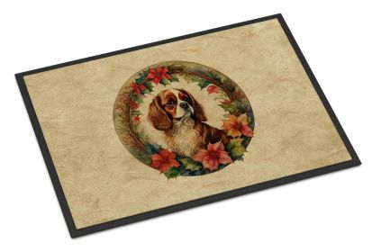 Cavalier Spaniel Christmas Flowers Doormat Front Door Mat Indoor Outdoor Rugs for Entryway, Non Slip Washable Low Pile, 24H X 36W -D
