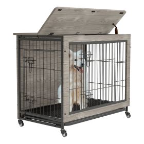 Dog Crate Furniture  38'' Heavy Duty Wooden Kennel Double Doors Flip-Top Large Dogs Furniture Style End Table with Wheels Grey 38.3"L X 23.4"W X 32"H