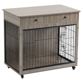 Dog Crate Furniture Wooden House Decorative Kennel Drawer Indoor End Table for Small Dog Steel-Tube Chew-Proof Grey 31.7" L-23.2" W-33" H