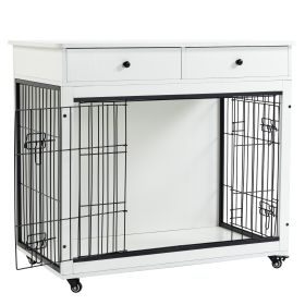 Dog Crate Furniture Wooden End Table 38.4 Inch Kennel with 2 Drawers Storage Heavy Duty Crate for Large Indoor Use (White) 38.4" L-23.2" W-35" H