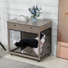 Dog Crate Furniture Wooden End Table 38.4 Inch Kennel with 2 Drawers Storage Heavy Duty Crate for Large Indoor Use (Grey) 38.4" L-23.2" W-35" H