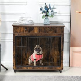 Dog Crate Furniture Wooden Dog House Kennel Drawer Indoor Pet Crate End Table for Small Dog Steel-Tube Chew-Proof Rustic Brown 31.7" L-23.2" W-33" H