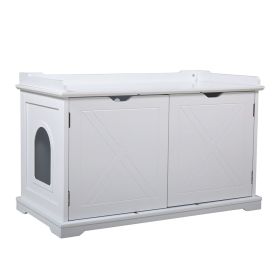 Washroom Bench Wood Litter Box Cover with Spacious Inner Ventilated Holes Removable Partition Easy Access White