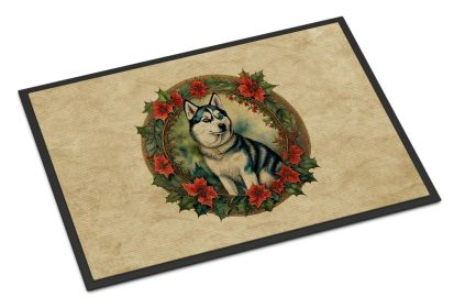 Siberian Husky Christmas Flowers Doormat Front Door Mat Indoor Outdoor Rugs for Entryway, Non Slip Washable Low Pile, 18H X 27W -I