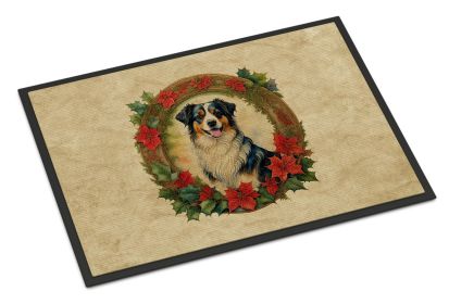 Australian Shepherd Christmas Flowers Doormat Front Door Mat Indoor Outdoor Rugs for Entryway, Non Slip Washable Low Pile, 18H X 27W -J