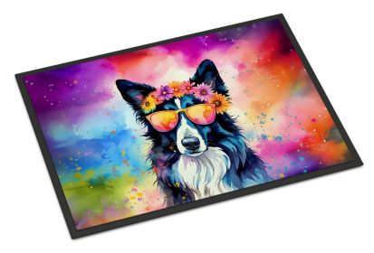 Border Collie Hippie Dawg Doormat Front Door Mat Indoor Outdoor Rugs for Entryway, Non Slip Washable Low Pile, 18H X 27W -K