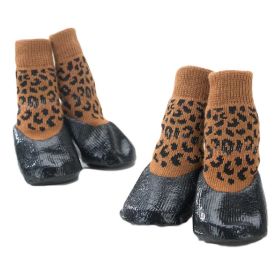 4 Pcs Leopard Print Dog Knitted Socks Pet Socks Dog Waterproof Coated Socks Paw Protective Socks 4#