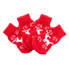 4 Pcs Christmas Red Elk Dog Knitted Pet Socks Cartoon Cute Puppy  Socks Dog Foot Covers Poodle Teddy Socks