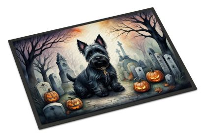 Scottish Terrier Spooky Halloween Doormat Front Door Mat Indoor Outdoor Rugs for Entryway, Non Slip Washable Low Pile, 18H X 27W -D