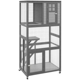 PawHut 74" Wooden Outdoor  House Weatherproof & Wheeled Outside  Enclosure with High Weight Capacity Kitten Cage Condo Light Gray