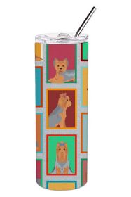 Lots of Blue and Tan Yorkie Stainless Steel Skinny Tumbler Vacuum Double Walled Reusable Insulated Travel Cup for Coffee with Lid, 20 oz -B
