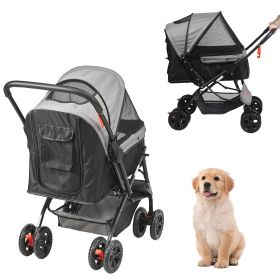 VEVOR Pet Stroller 4 Wheels Dog Stroller Rotate with Brakes 44lbs Weight Capacity Reversible Handlebar Storage Basket Travel Black+Grey
