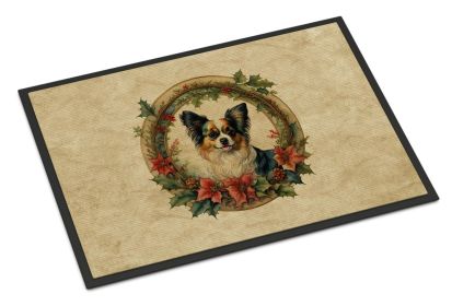Papillon Christmas Flowers Doormat Front Door Mat Indoor Outdoor Rugs for Entryway, Non Slip Washable Low Pile, 24H X 36W -F