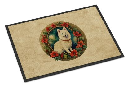 Japanese Spitz Christmas Flowers Doormat Front Door Mat Indoor Outdoor Rugs for Entryway, Non Slip Washable Low Pile, 24H X 36W -F