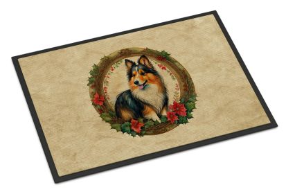 Sheltie Christmas Flowers Doormat Front Door Mat Indoor Outdoor Rugs for Entryway, Non Slip Washable Low Pile, 24H X 36W -F