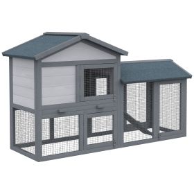 PawHut 58" Wooden Cage Small Animal Enclosure with Run Area Removable Tray Asphalt Roof Lockable Doors & Ramp Dark Gray