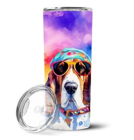 Basset Hound Hippie Dawg Stainless Steel Skinny Tumbler Vacuum Double Walled Reusable Insulated Travel Cup for Coffee with Lid, 20 oz -A