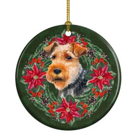 Welsh Terrier Poinsetta Wreath Ceramic Ornament Christmas Tree Hanging Decorations for Home Christmas HolidayParty