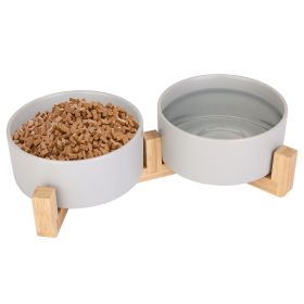 Double 28.7Oz Ceramic Pet Bowls Dog  Bowls with Wooden Stand Raised Pet Feeder for Small Dogs s