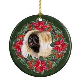 Pekingese Poinsetta Wreath Ceramic Ornament Christmas Tree Hanging Decorations for Home Christmas HolidayParty