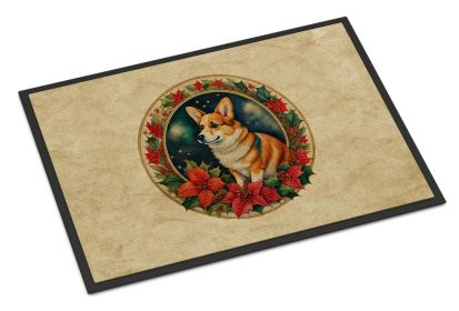 Corgi Christmas Flowers Doormat Front Door Mat Indoor Outdoor Rugs for Entryway, Non Slip Washable Low Pile, 24H X 36W -M