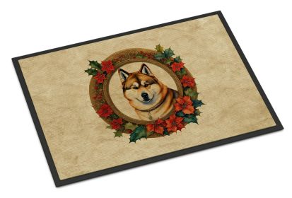 Akita Christmas Flowers Doormat Front Door Mat Indoor Outdoor Rugs for Entryway, Non Slip Washable Low Pile, 24H X 36W -M