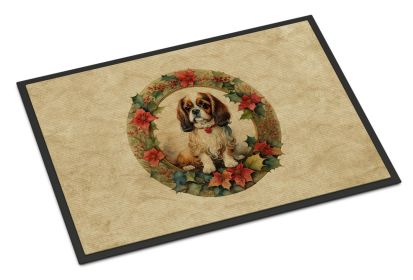 English Toy Spaniel Christmas Flowers Doormat Front Door Mat Indoor Outdoor Rugs for Entryway, Non Slip Washable Low Pile, 18H X 27W -B