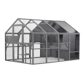 Luxury Cage Outdoor Wooden Enclosure Patio Large House for Multiple Pets Walk in Kennel Bouncy Bridge Platforms Houses Sunshine Panel- 108.7'' Gray