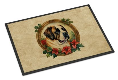 Saint Bernard Christmas Flowers Doormat Front Door Mat Indoor Outdoor Rugs for Entryway, Non Slip Washable Low Pile, 18H X 27W -F