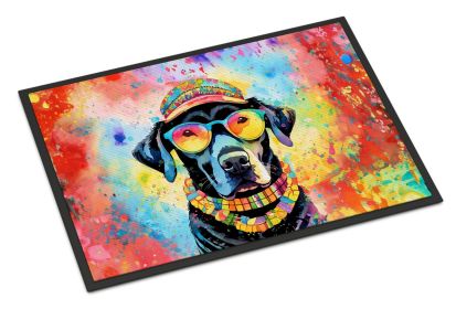 Black Labrador Hippie Dawg Doormat Front Door Mat Indoor Outdoor Rugs for Entryway, Non Slip Washable Low Pile, 18H X 27W -A