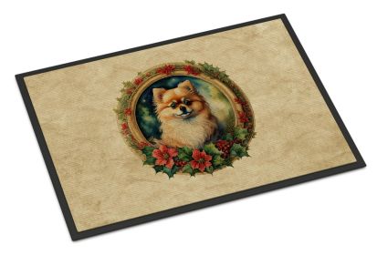 Pomeranian Christmas Flowers Doormat Front Door Mat Indoor Outdoor Rugs for Entryway, Non Slip Washable Low Pile, 18H X 27W -F