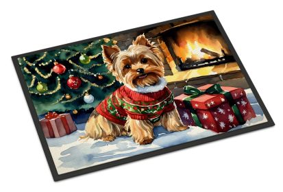 Yorkshire Terrier Cozy Christmas Doormat Front Door Mat Indoor Outdoor Rugs for Entryway, Non Slip Washable Low Pile, 18H X 27W -M
