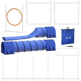 PawHut 7 Pcs Dog Agility Training Equipment Set with Tunnels, Weave Poles, Adjustable Hurdle, Jumping Ring, Pause Box, Blue Pet Training-A