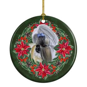 Shih Tzu Poinsetta Wreath Ceramic Ornament Christmas Tree Hanging Decorations for Home Christmas HolidayParty