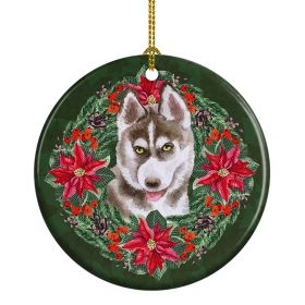 Siberian Husky Grey Poinsetta Wreath Ceramic Ornament Christmas Tree Hanging Decorations for Home Christmas HolidayParty