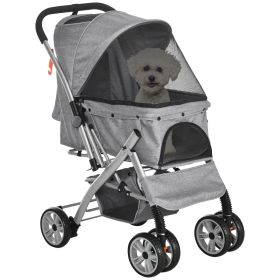 PawHut Travel Pet Stroller One-Click Fold Jogger Swivel Wheels Braket Basket Storage Safety Belts Adjustable Canopy Zippered Mesh Window Door Grey